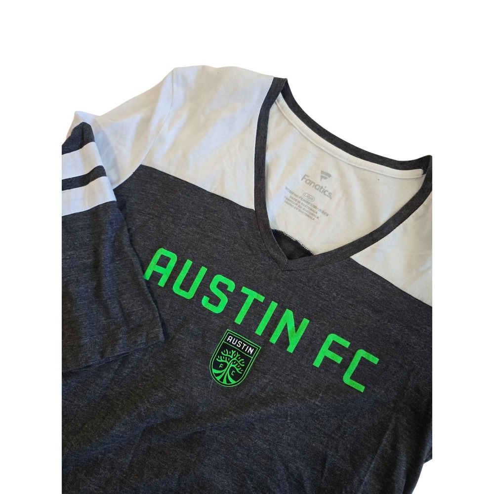Fanatics Austin FC Womens Shirt Large L Gray 3/4 Sleeve Colorblock V Neck Crest